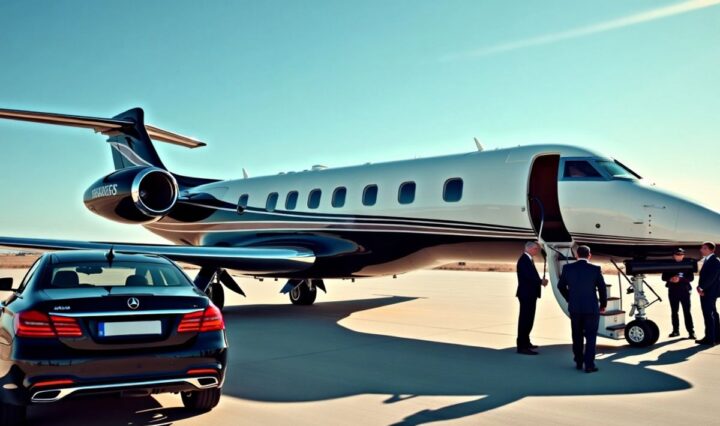 Private jet on tarmac with security and luxury vehicles.