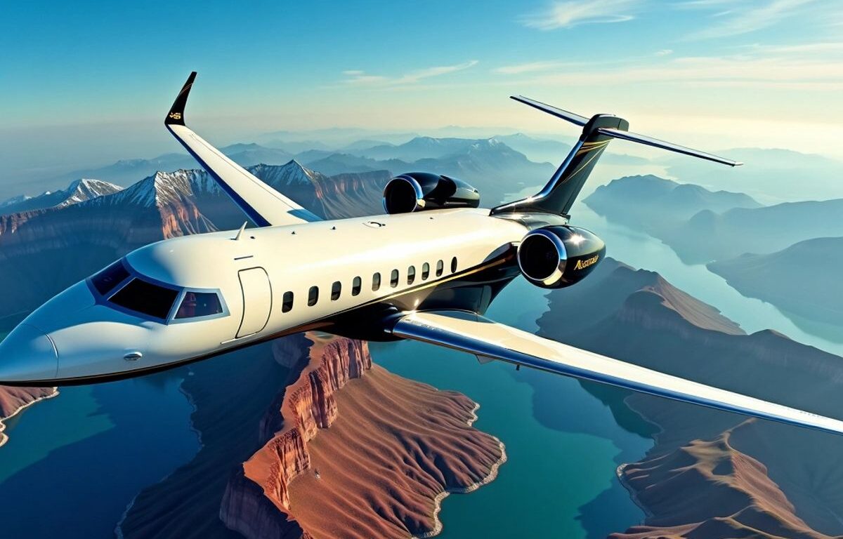 Luxurious private jet flying over beautiful landscapes.