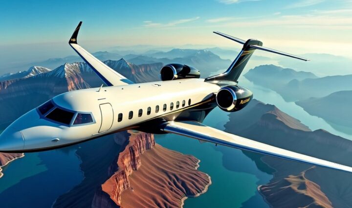 Luxurious private jet flying over beautiful landscapes.