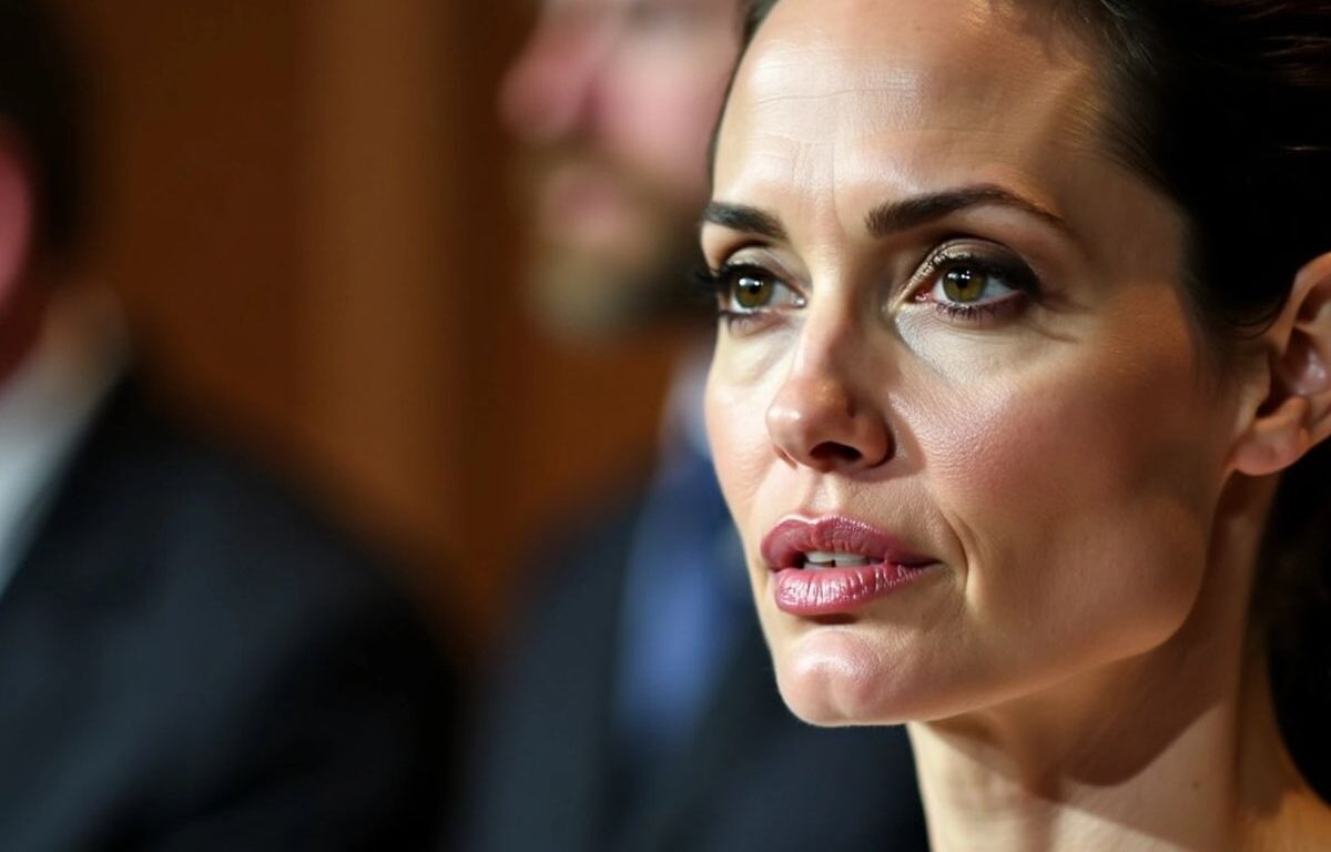 Angelina Jolie in a courtroom, looking thoughtful and strong.