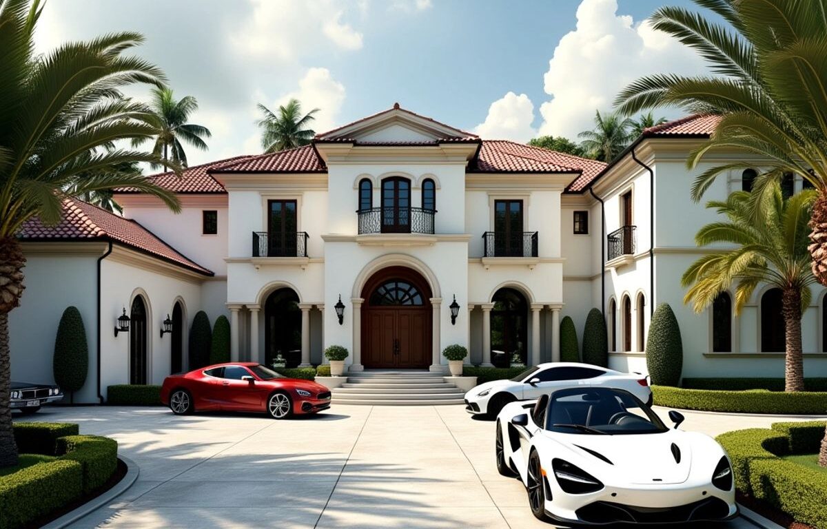 Lavish mansion with luxury cars and greenery.