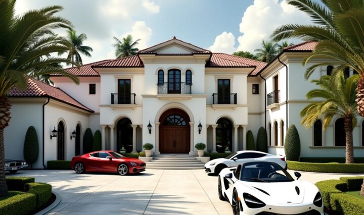 Lavish mansion with luxury cars and greenery.