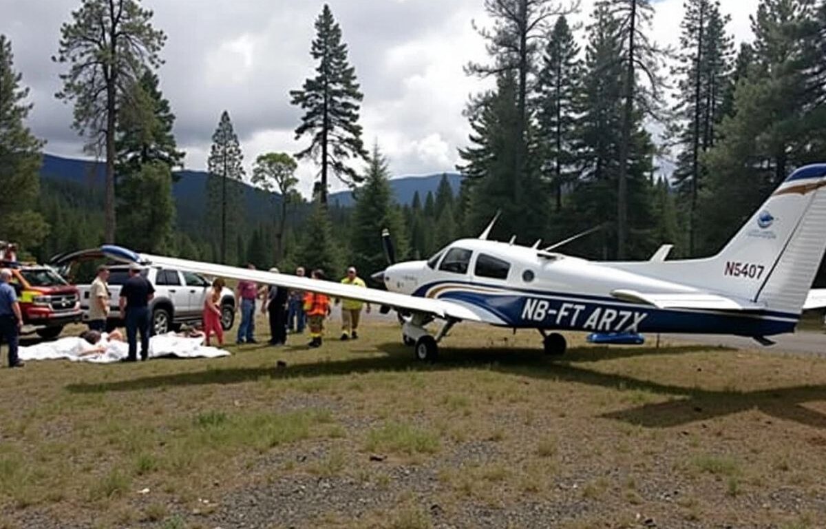 Crashed small plane in forest clearing