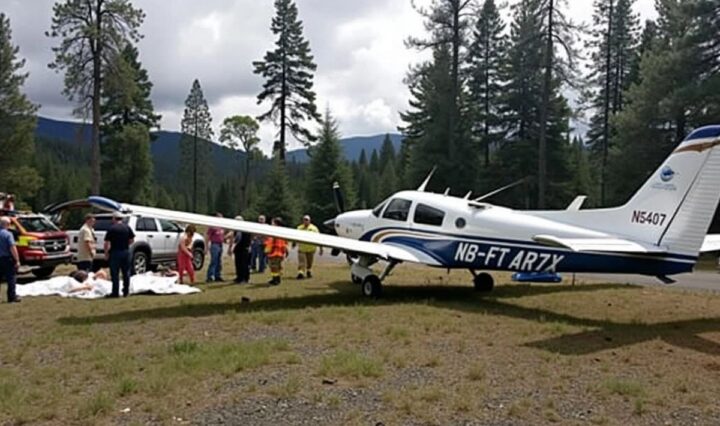 Crashed small plane in forest clearing