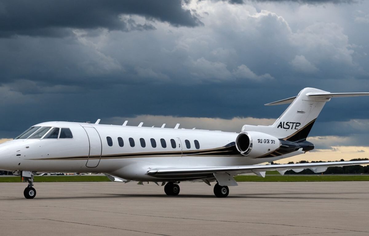 Private jet on airport tarmac with personnel.