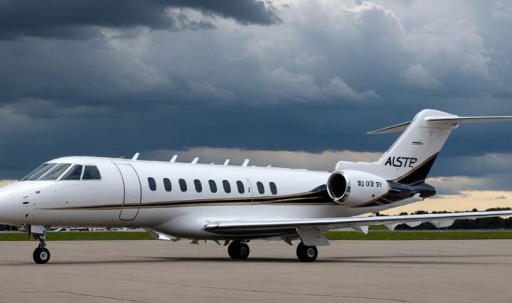 Private jet on airport tarmac with personnel.