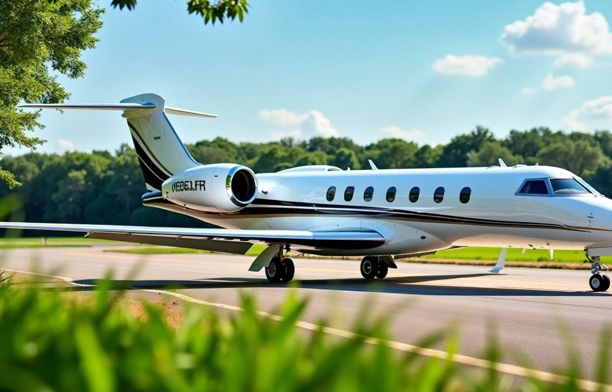 Private jet on tarmac with greenery and blue sky.