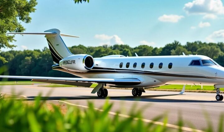 Private jet on tarmac with greenery and blue sky.