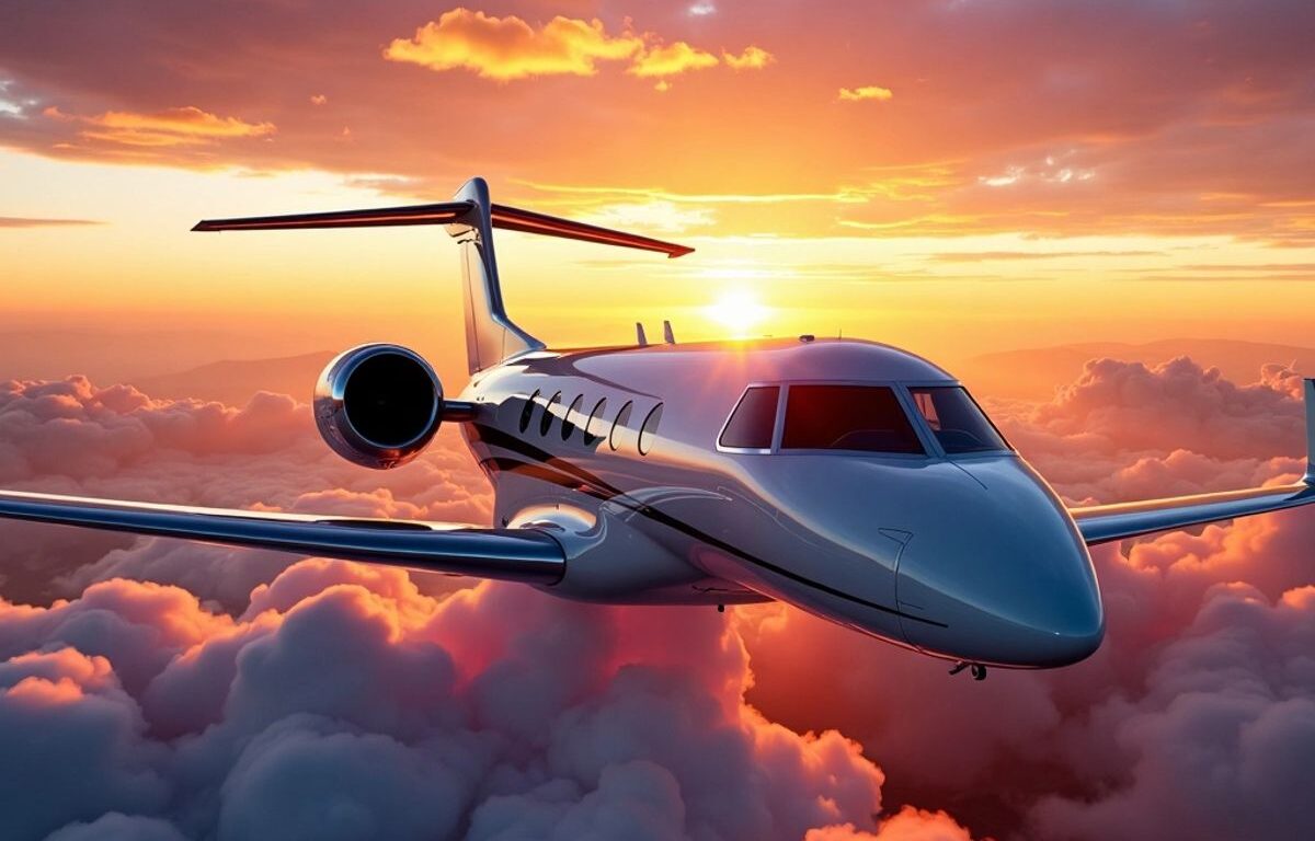 Private jet flying against a colorful sunset sky.