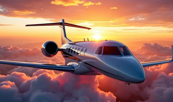 Private jet flying against a colorful sunset sky.