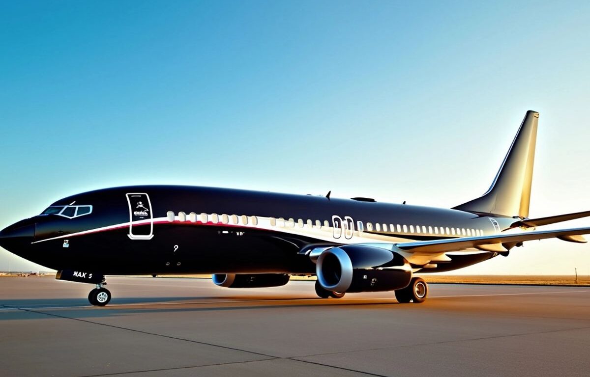 Boeing 737 MAX 9 on a runway under blue sky.