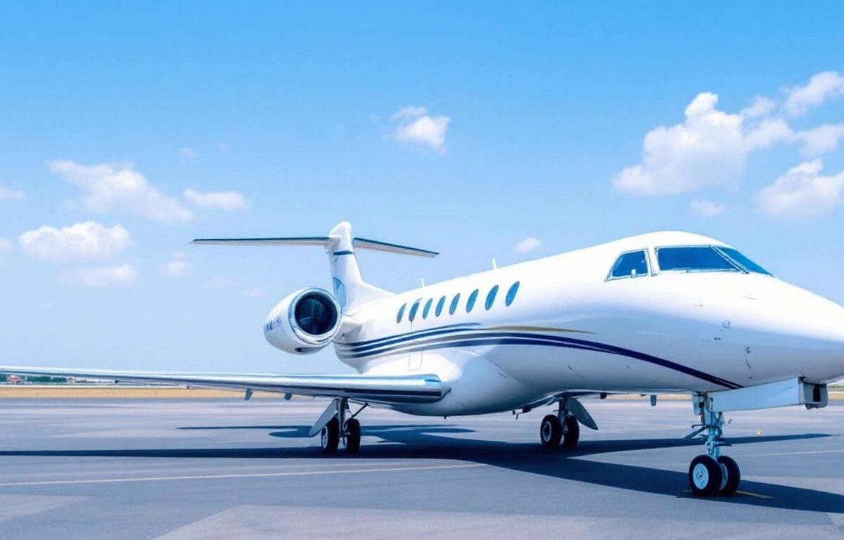 Private jet on runway under clear blue sky.