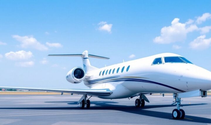 Private jet on runway under clear blue sky.