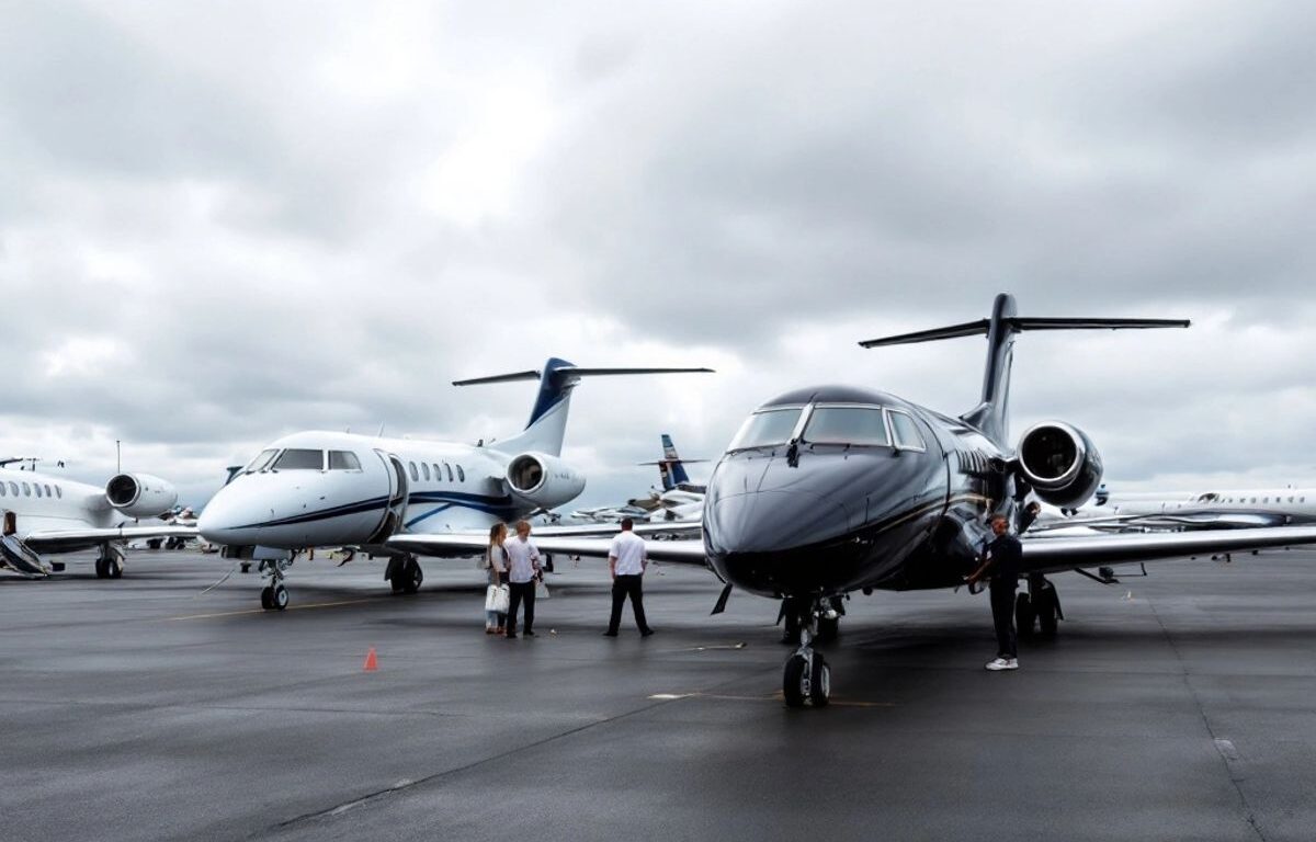 Private jets parked on a tarmac with cloudy skies.