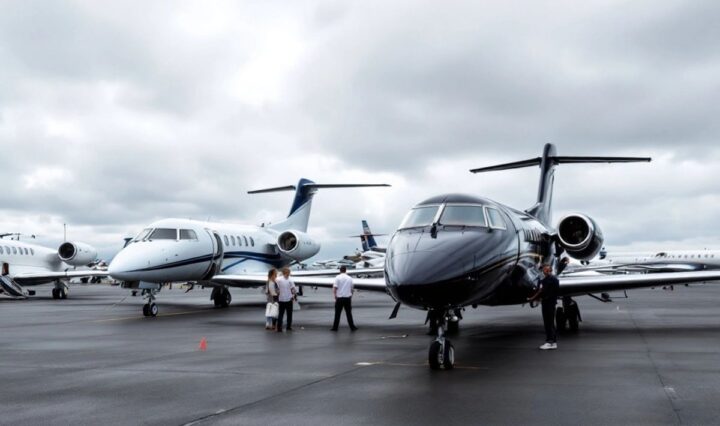 Private jets parked on a tarmac with cloudy skies.