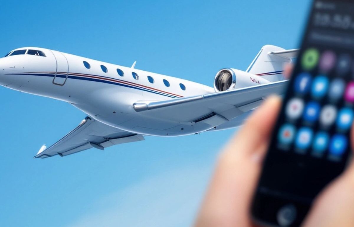 Private jet in flight with blurred smartphone in foreground.