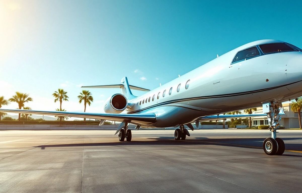 Luxury private jet on a tarmac under a clear sky.