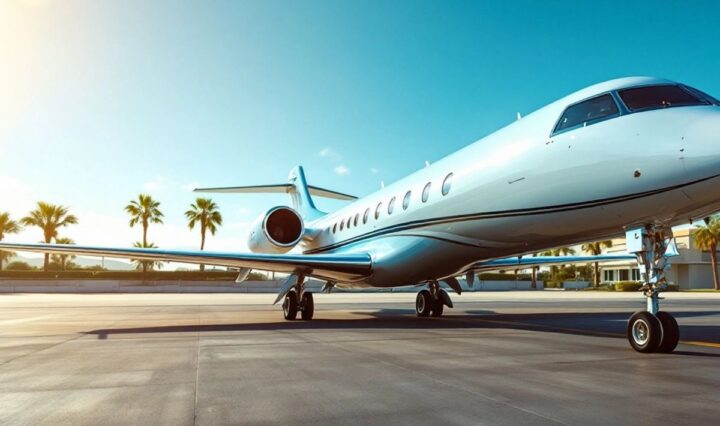 Luxury private jet on a tarmac under a clear sky.