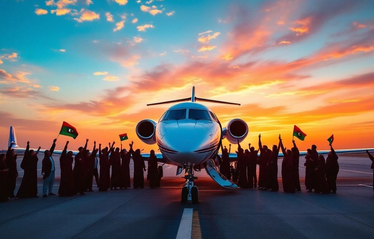 Libyan fans celebrating near a private jet.