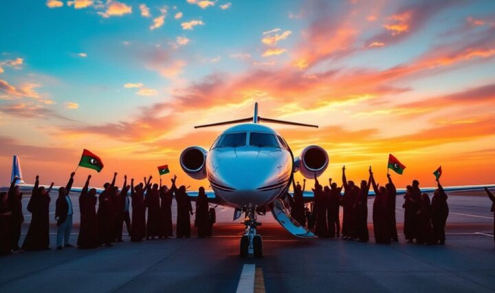 Libyan fans celebrating near a private jet.