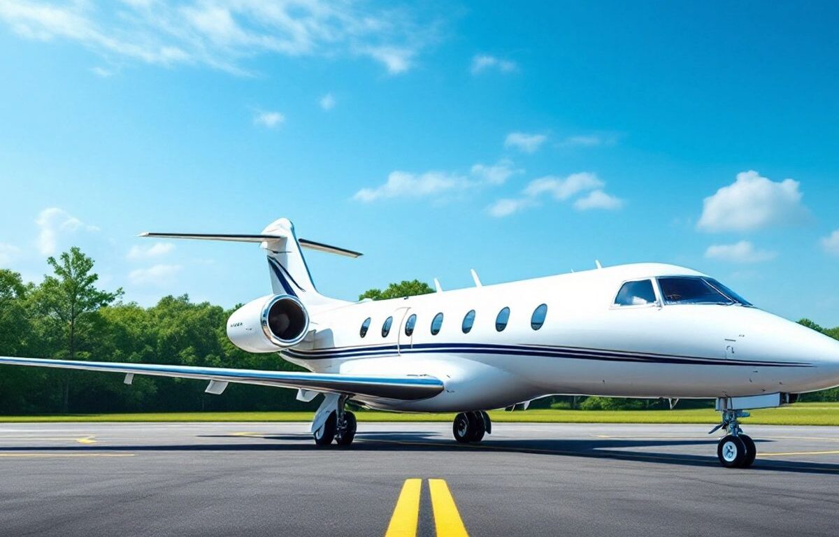 Private jet on a runway with clear skies.