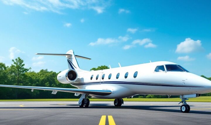 Private jet on a runway with clear skies.