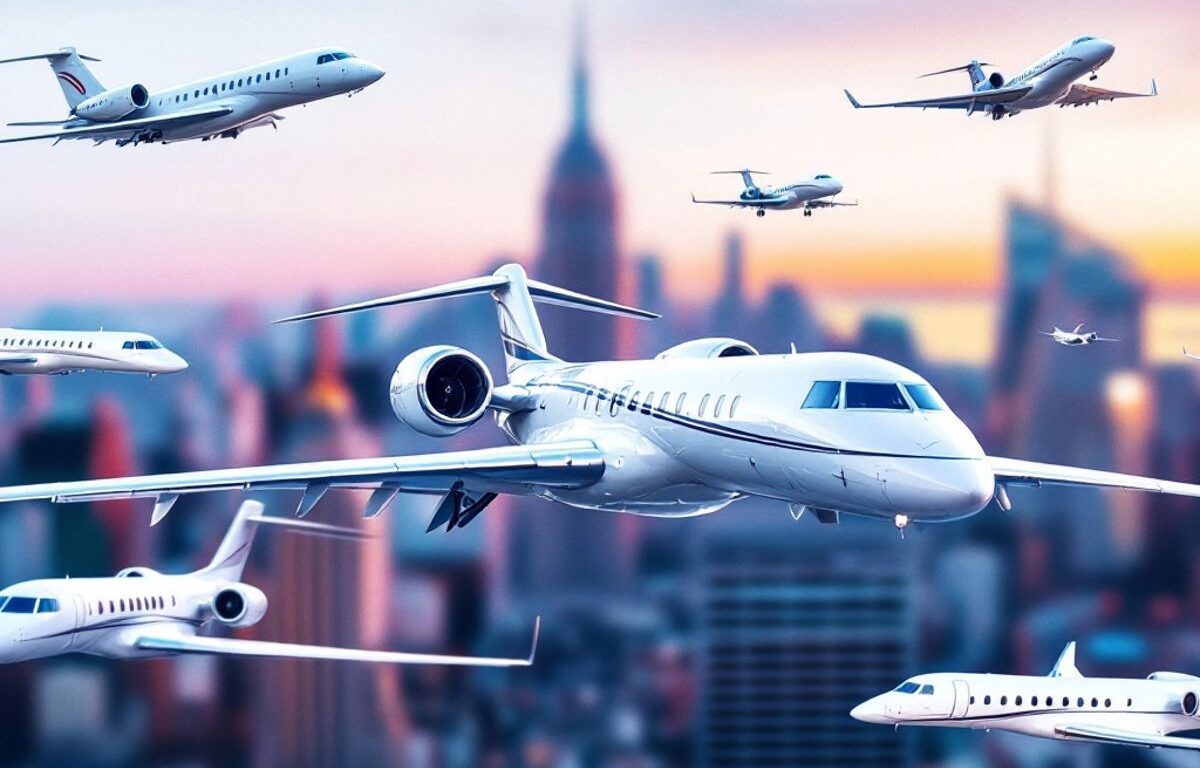 Private jets flying over a city skyline.