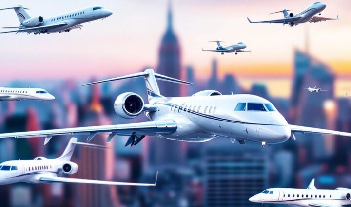 Private jets flying over a city skyline.