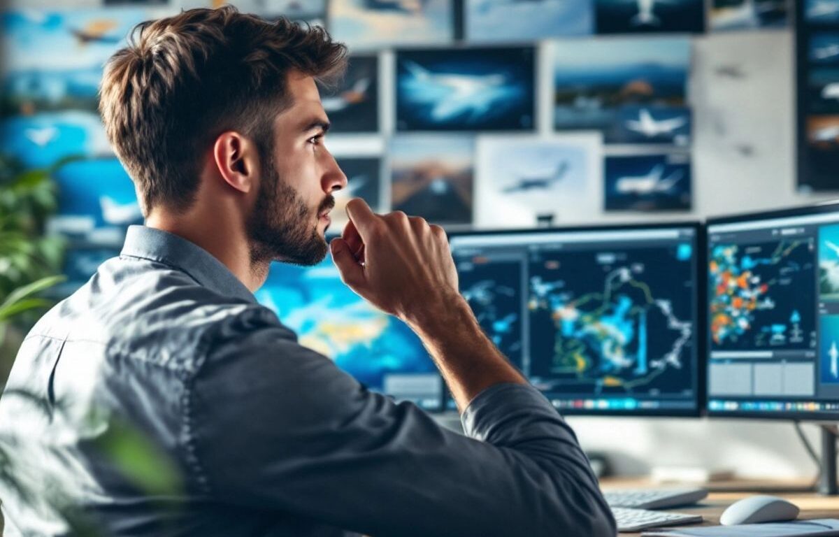 Young man at computer, contemplating jet tracking.