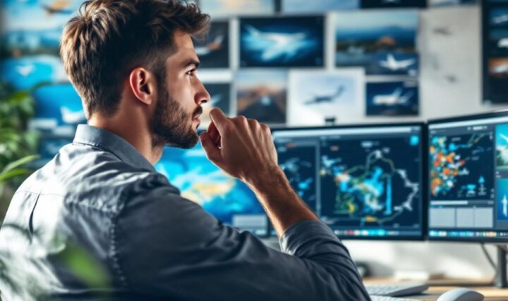 Young man at computer, contemplating jet tracking.