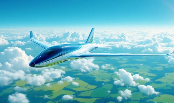 Futuristic hydrogen-electric jet flying in a clear sky.