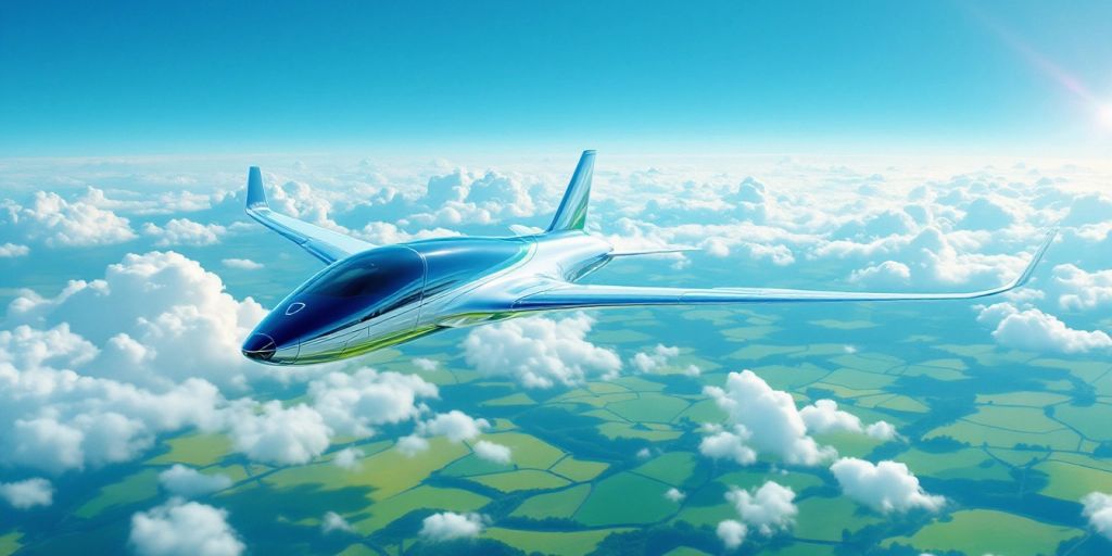 Futuristic hydrogen-electric jet flying in a clear sky.