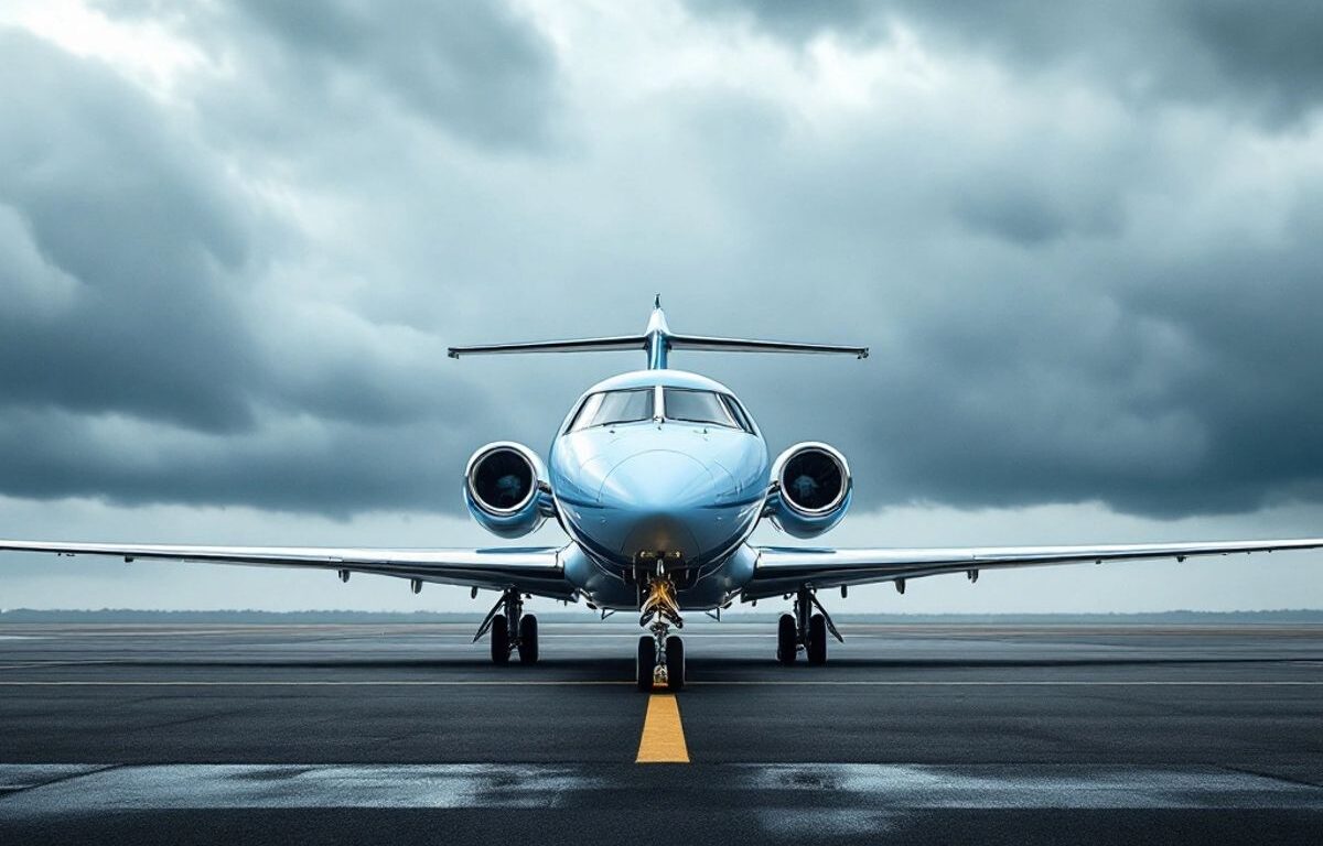 Private jet in Manchester City colors on tarmac.