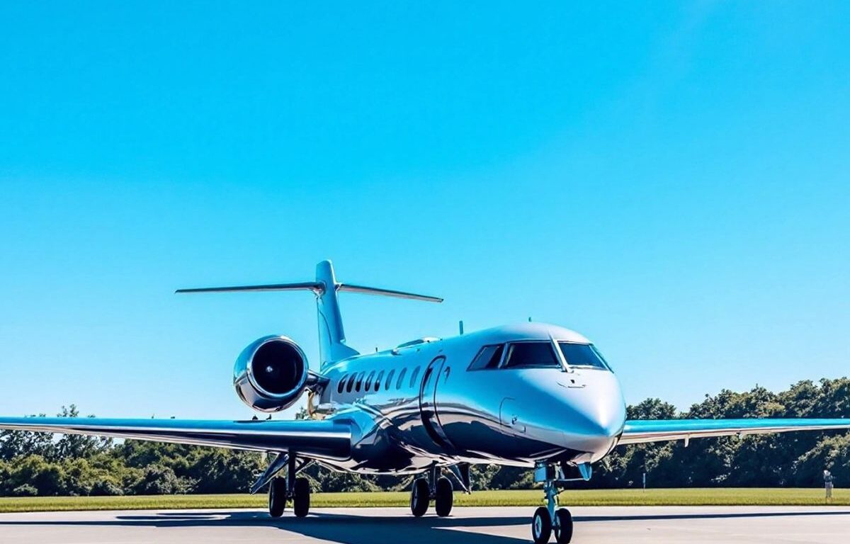 Luxury private jet on tarmac under clear blue sky.