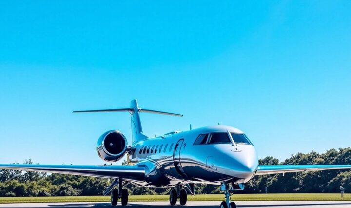 Luxury private jet on tarmac under clear blue sky.