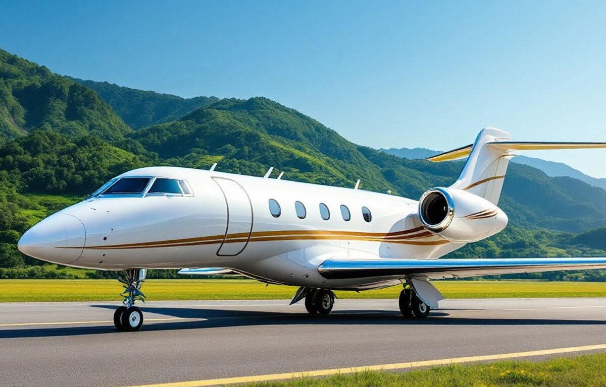 Private jet on runway with green landscape background.