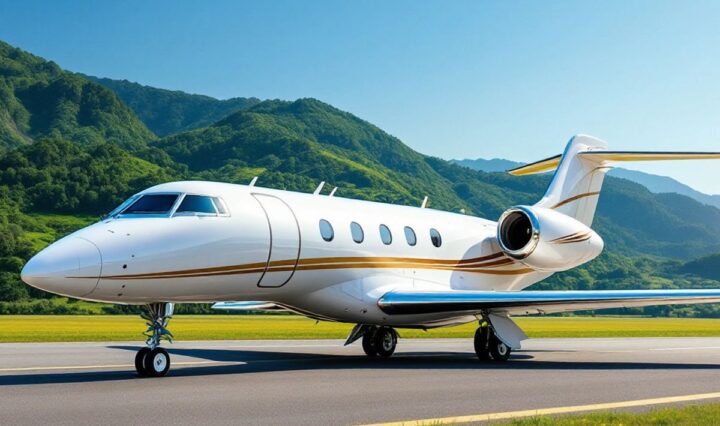 Private jet on runway with green landscape background.