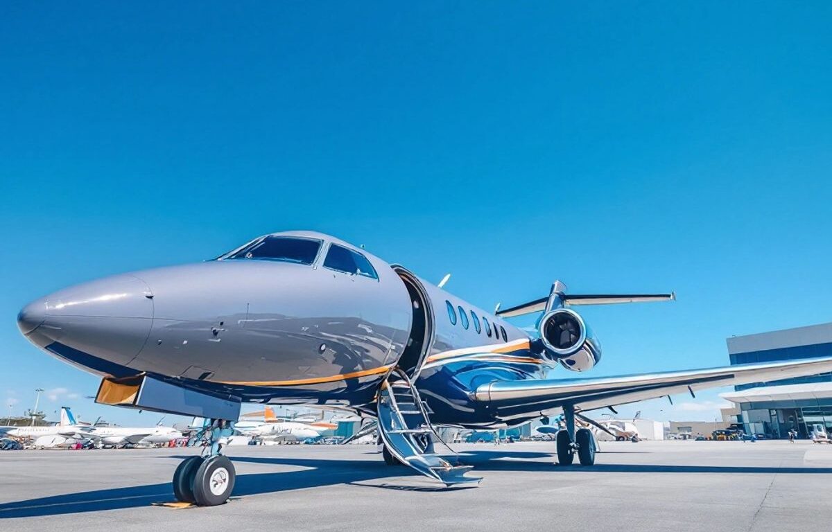 Private jet at Auckland Airport with clear blue sky.