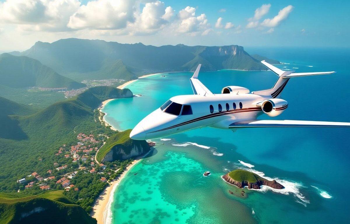 Private jet flying over beautiful holiday destinations.