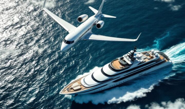 Private jet and superyacht over ocean waves.