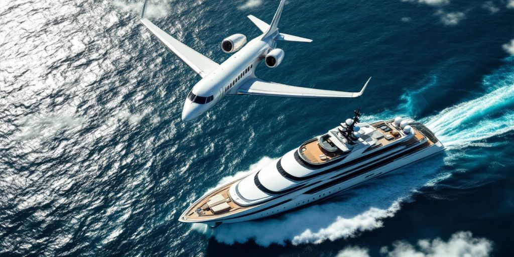 Private jet and superyacht over ocean waves.