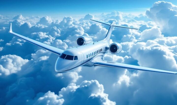 Private jet flying in a clear blue sky.