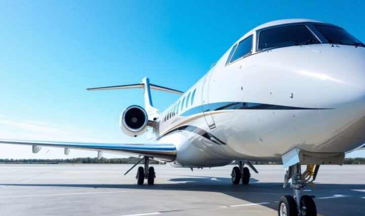 Luxurious private jet ready for rental on runway.