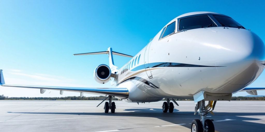 Luxurious private jet ready for rental on runway.