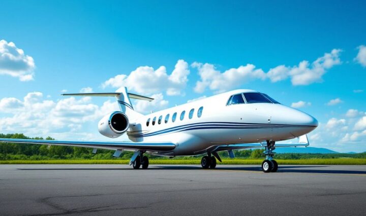 Luxurious private jet on tarmac with clear blue sky.