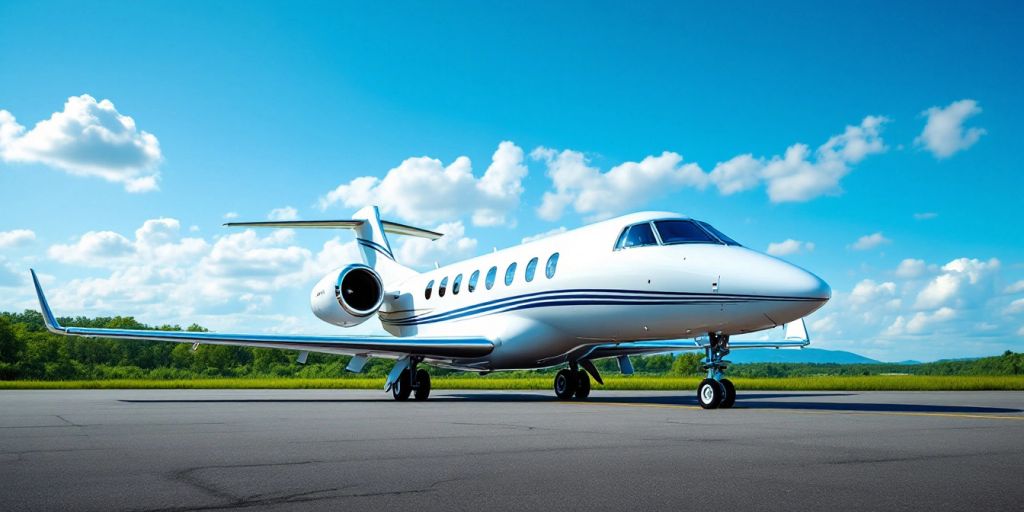 Luxurious private jet on tarmac with clear blue sky.