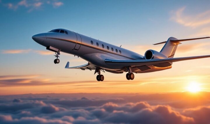 Luxurious private jet taking off at sunset.