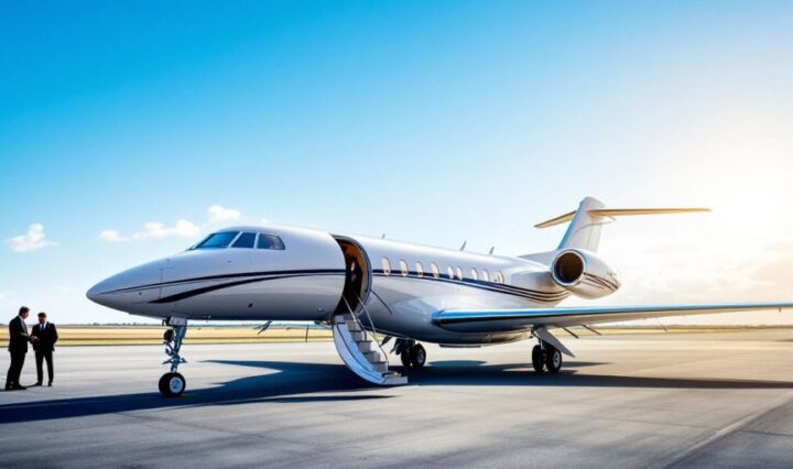 Private jet on tarmac with people in formal attire.