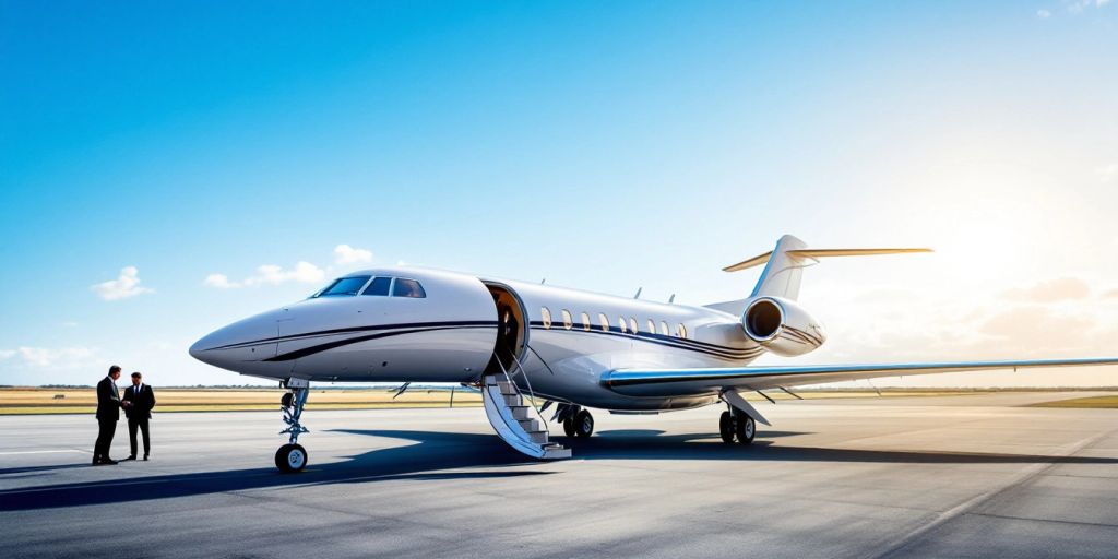 Private jet on tarmac with people in formal attire.