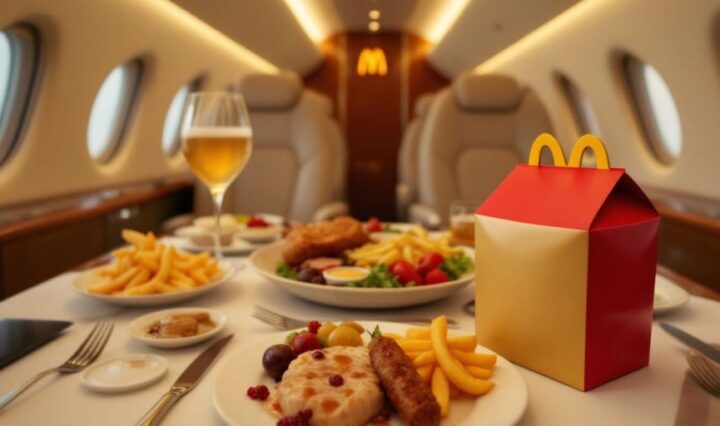 Gourmet meal on a private jet with McDonald's container.